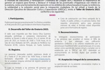 Impartirá IEPC Taller de Oratoria 2023 a juventudes chiapanecas