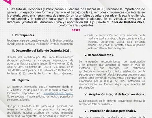 Impartirá IEPC Taller de Oratoria 2023 a juventudes chiapanecas