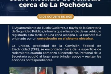 Incendio de vehículo en La Pochota al poniente de Tuxtla Gutiérrez fue por un corto circuito