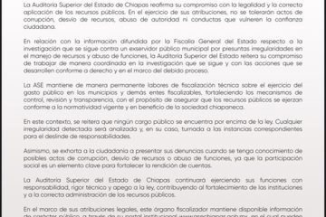 La Auditoría Superior del Estado de Chiapas- ASE advierte que no se tolerará el mal uso de los recursos públicos