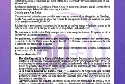 50 más uno expresa indignación por violencia feminicida en Chiapas