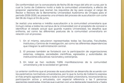 Destaca Junta de Gobierno amplia participación en proceso de sucesión rectoral de la UNACH 2026-2030