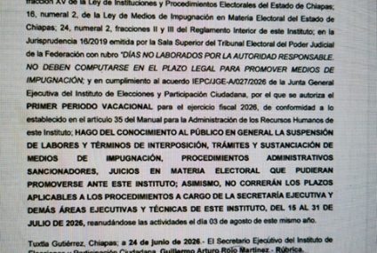 IEPC Suspende actividades del 15 al 31 de Julio del 2026